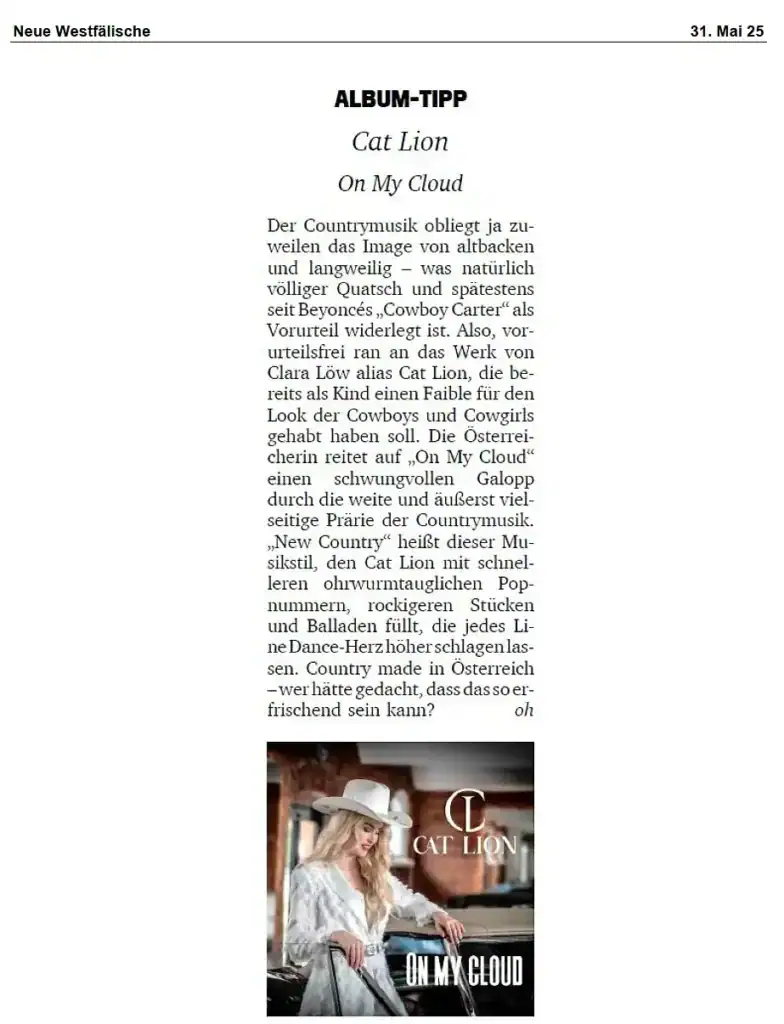Frau in Cowboyhut mit Albumtitel 'On My Cloud'.