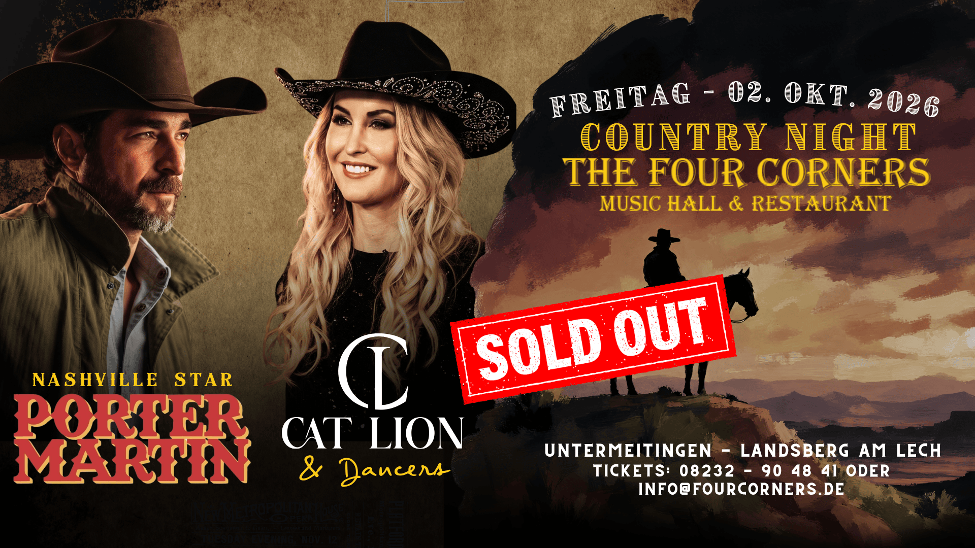 Country Night mit Porter Martin und Cat Lion & Dancers ausverkauft.